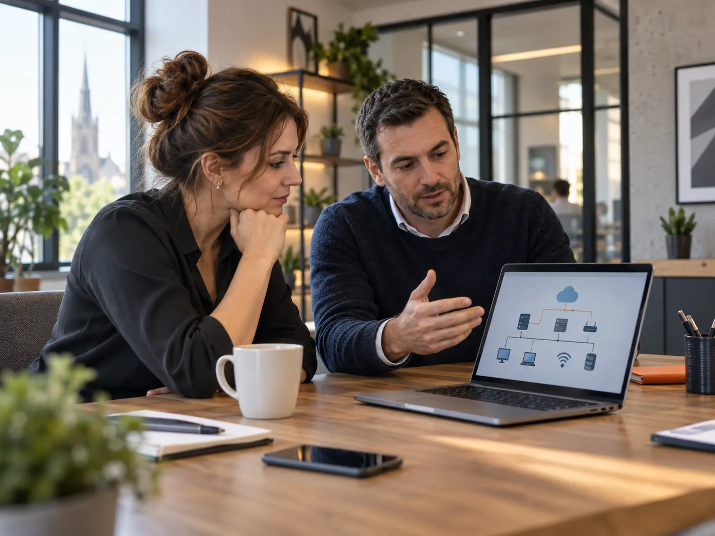 IT-consultant en ondernemer bespreken samen een digitale oplossing